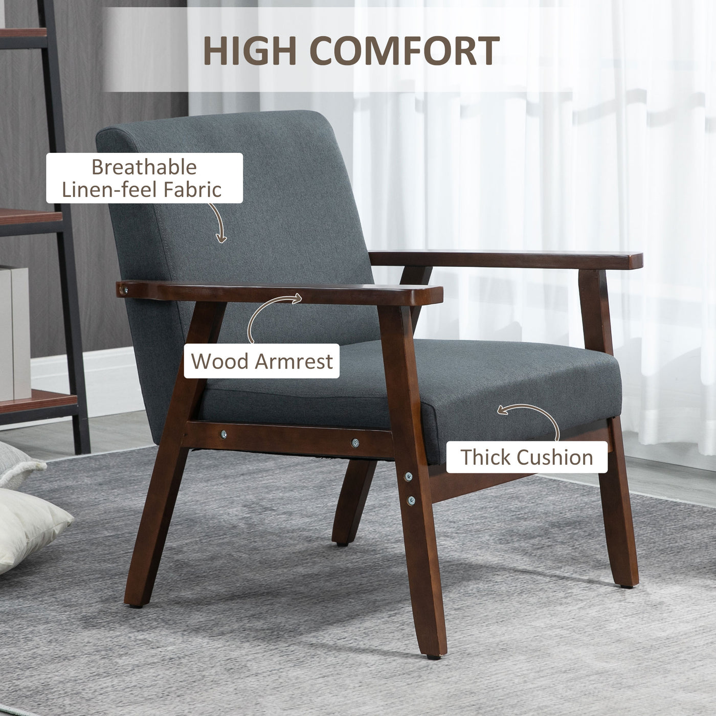 Modern Accent Chairs with Cushioned Seat, Upholstered Linen-Feel Armchair for Bedroom, Living Room, Dark Gray
