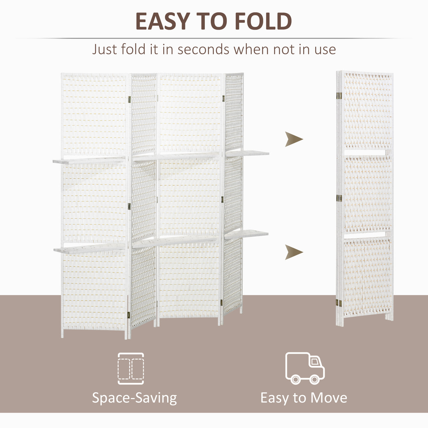 4 Panel Room Divider with Shelves, 6 FT Freestanding Folding Privacy Screen, Partition Wall Divider for Bedroom, White