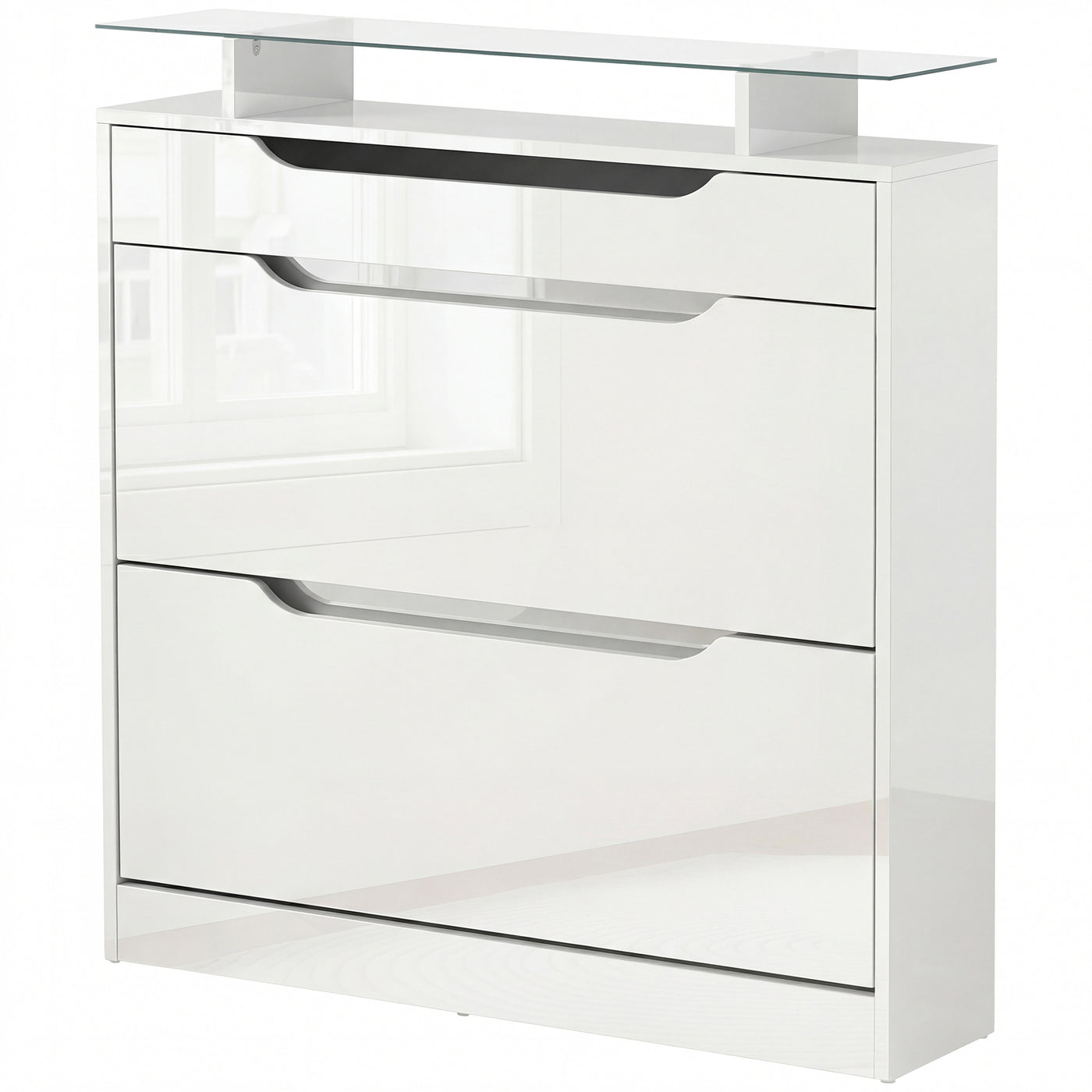 High Gloss Shoe Cabinet with 2 Flip Drawers and Adjustable Shelves, Narrow Shoe Storage Cabinet with Glass Top, White