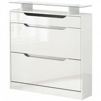 High Gloss Shoe Cabinet with 2 Flip Drawers and Adjustable Shelves, Narrow Shoe Storage Cabinet with Glass Top, White