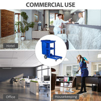 Commercial Janitorial Cart with 3 Tier Shelves, Professional Cleaning Cart with Rubbish Bag with Lid and Mop Mount for Hotel, Restaurant, Office, Blue
