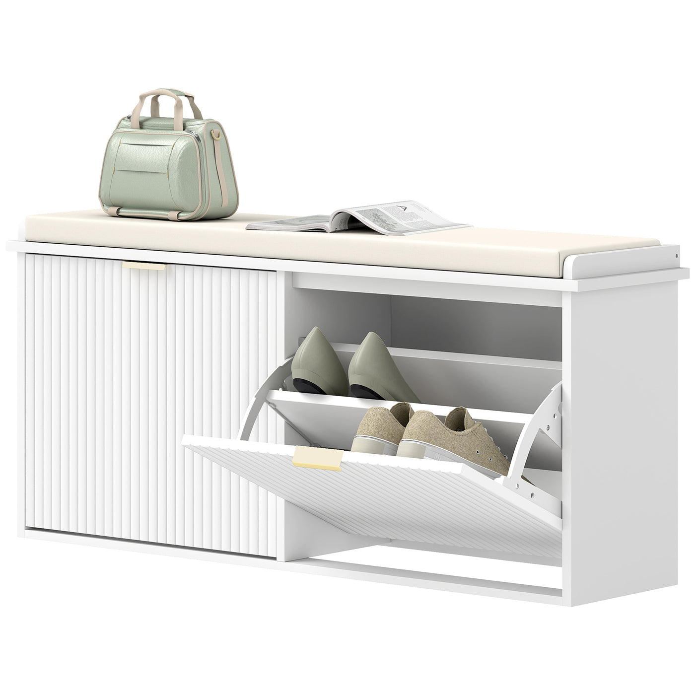 Entryway Bench with Padded Seat and Flip-Drawers, Holds up to 529lbs, Shoe Storage Bench for 10 Pairs of Shoes, White