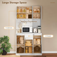 71" Pantry Cabinet with Charging Station, Kitchen Storage Cabinet with Microwave Stand, Pegboard, 6 S-hooks, White