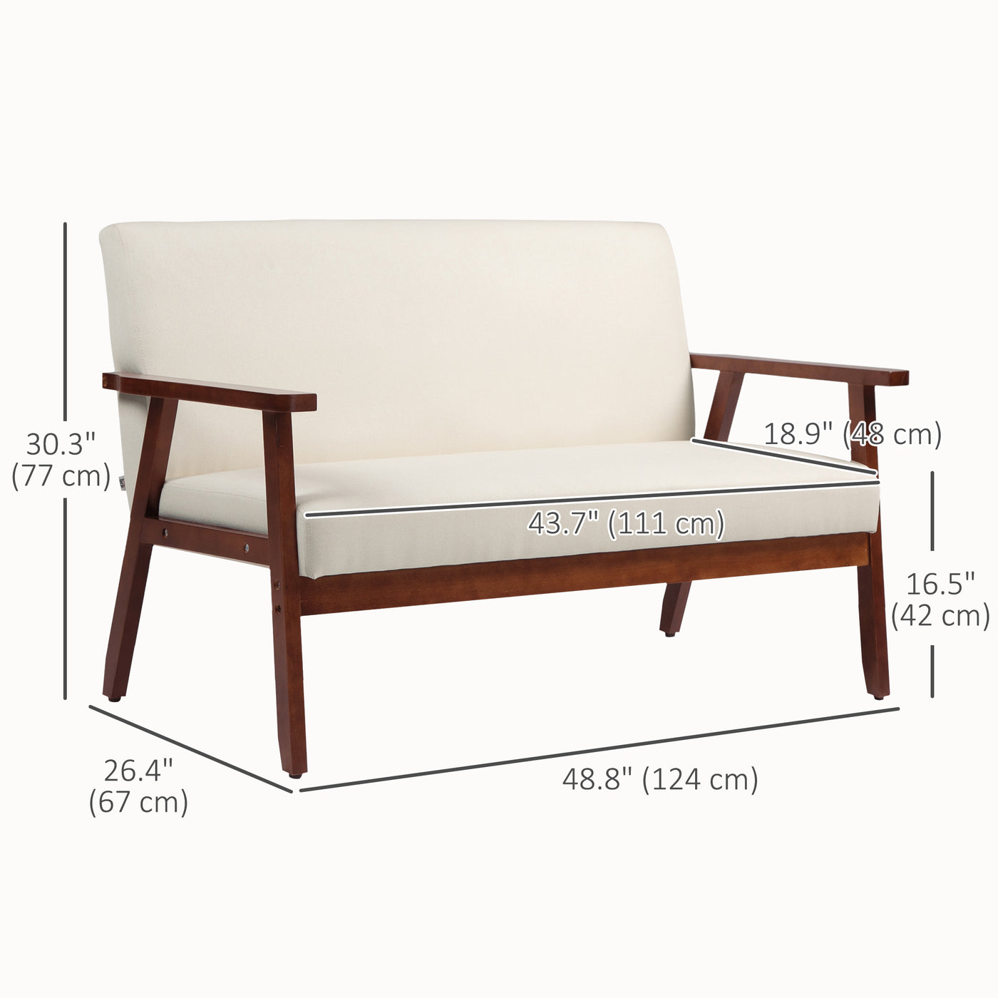 Compact Loveseat Sofa Couch Linen Fabric Double Seat Sofa with Rubber Wood Legs Cream White