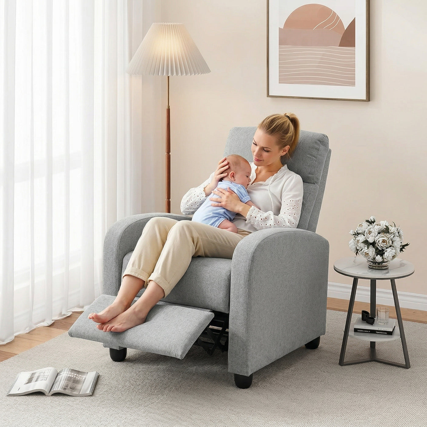Manual Recliner Sofa Manual Home Theater Seating, Single Linen-Touch Sofa Armchair for Living Room, Light Grey