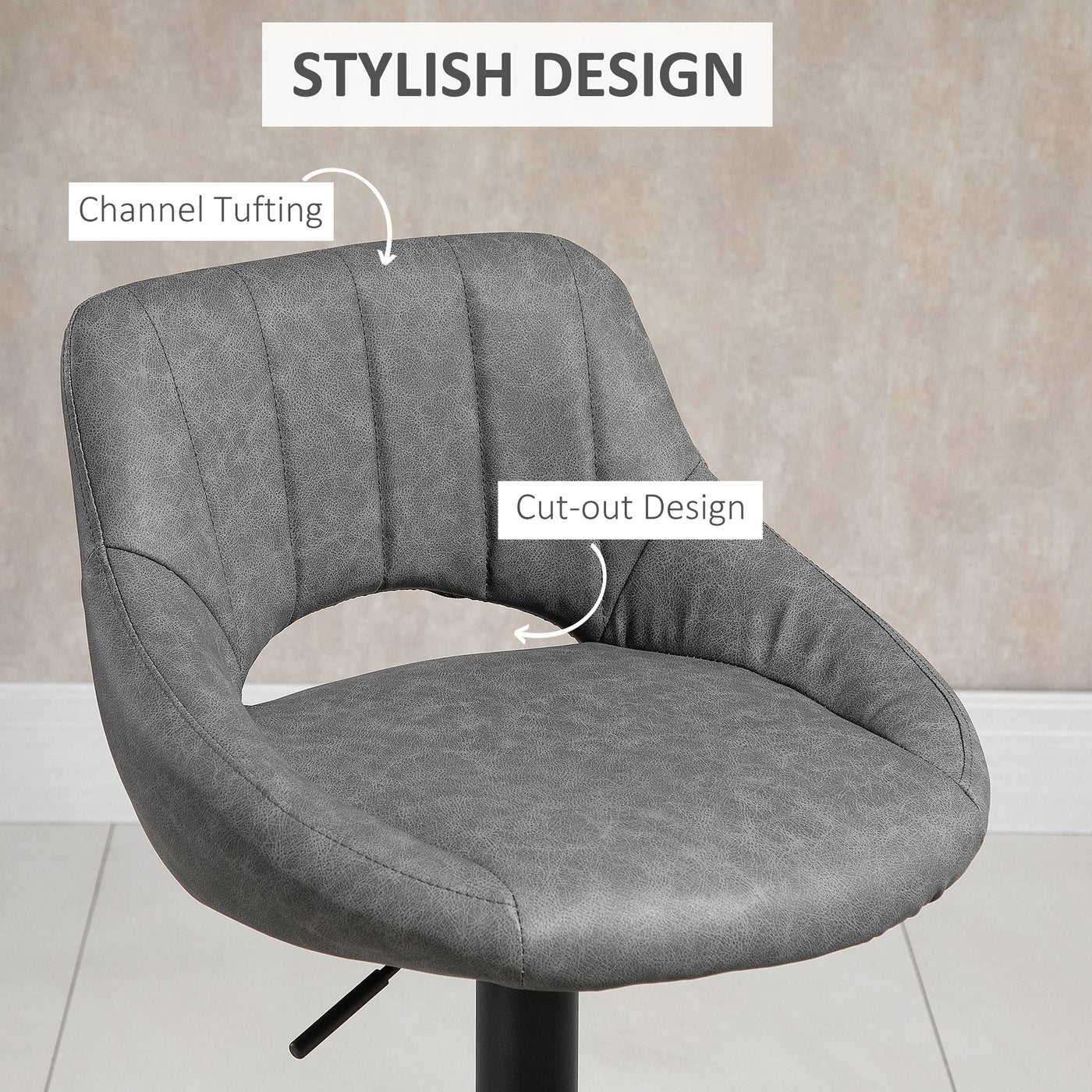 Bar Stools Set of 2, Swivel Counter Height Barstools with Adjustable Height and Cutout Back, Faux Leather Upholstered Bar Chairs with Round Metal Base and Footrest, Grey