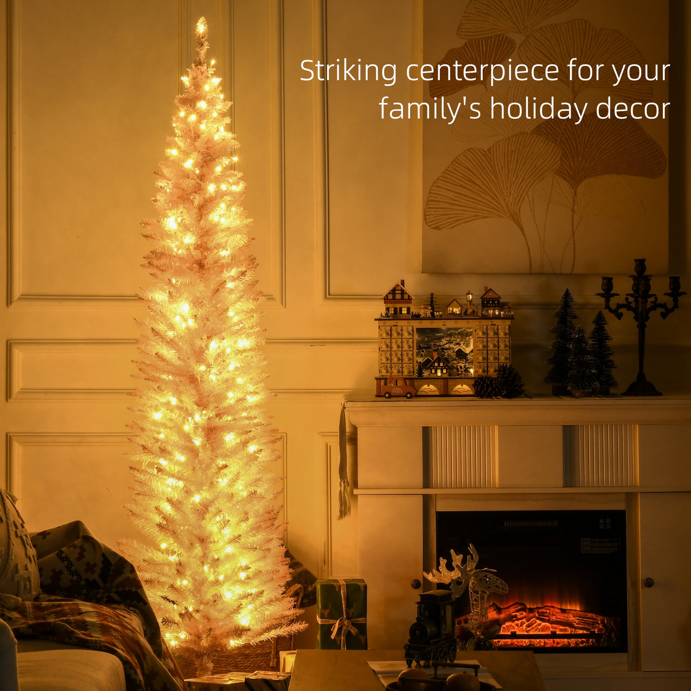 7' Pre Lit Artificial Pencil Christmas Trees, Xmas Tree with Realistic Branches and Warm White LED Lights, Pink