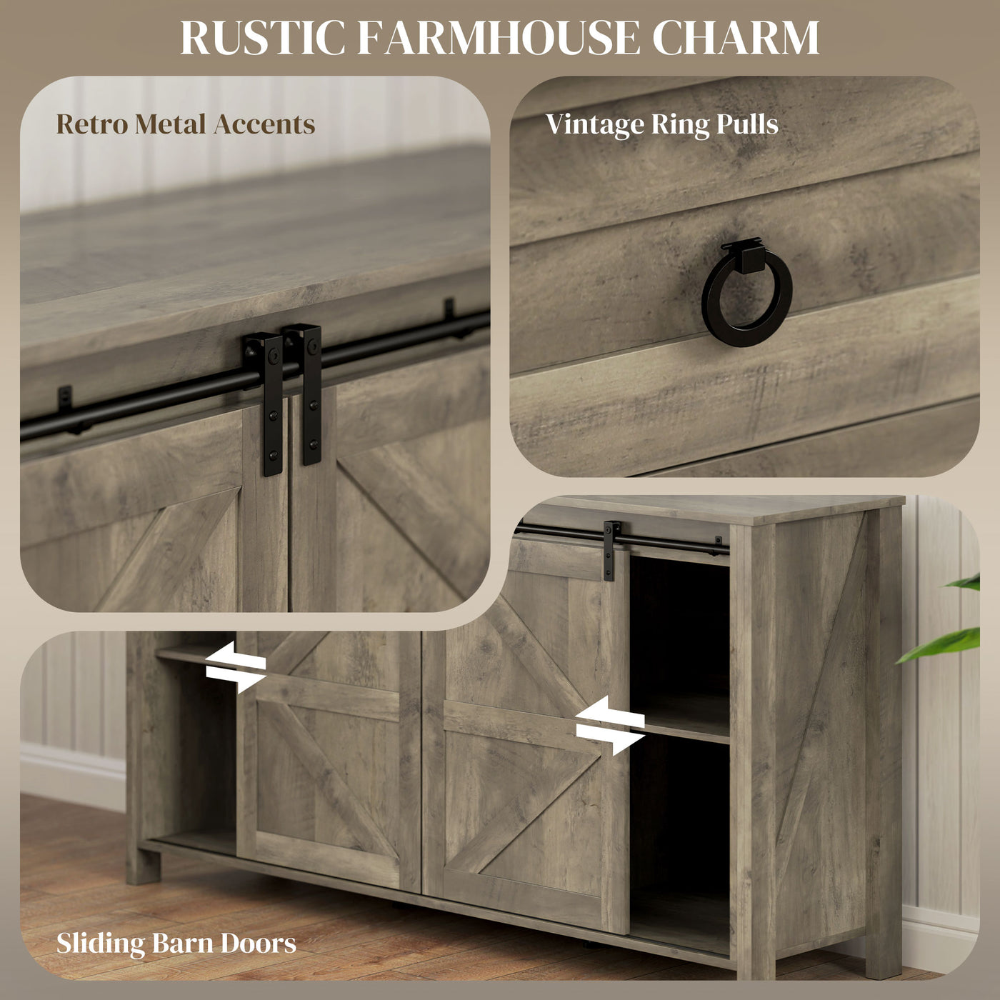 60" Buffet Cabinet, Farmhouse Sideboard with Sliding Barn Doors, Drawers and Adjustable Shelves, Distressed Light Grey