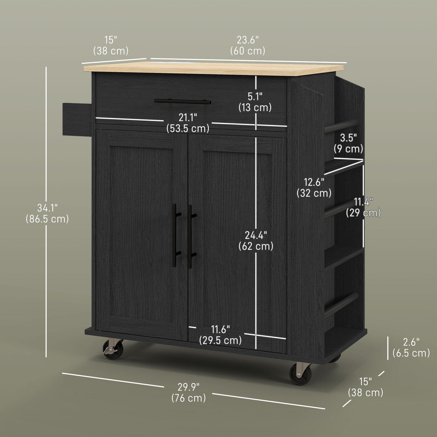 Rolling Island with Wheels for Kitchen, Kitchen Island on Rollers with Power Outlets, Drawer and Doors