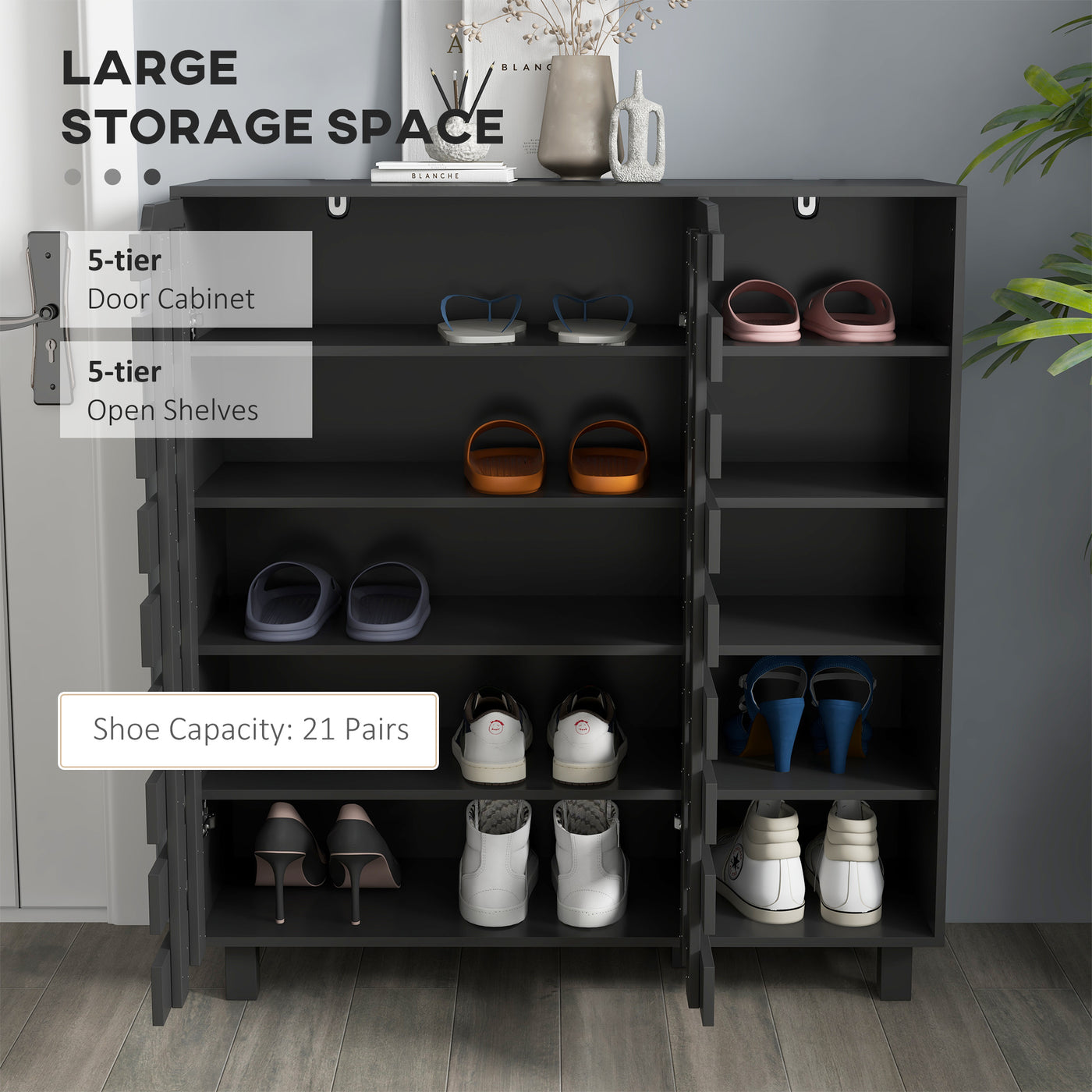 Shoe Cabinet, 21 Pair Shoe Storage Cabinet Organizer with 5-tier Double Door Cupboard and 5-tier Open Shelves, Black