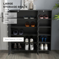 Shoe Cabinet, 21 Pair Shoe Storage Cabinet Organizer with 5-tier Double Door Cupboard and 5-tier Open Shelves, Black