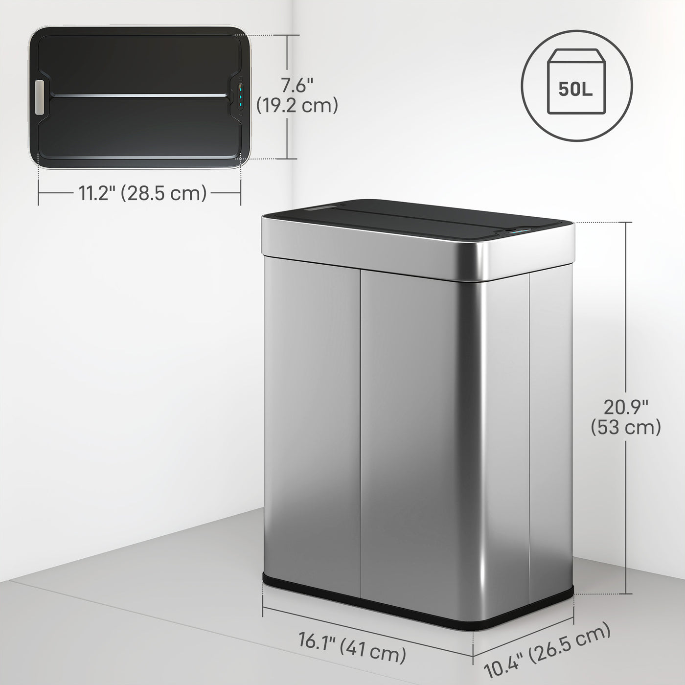 13.2 Gallon (50 L) Sensor Can, Garbage Can with Soft-Close Butterfly Lid, Fingerprint-Proof Stainless Steel, Silver