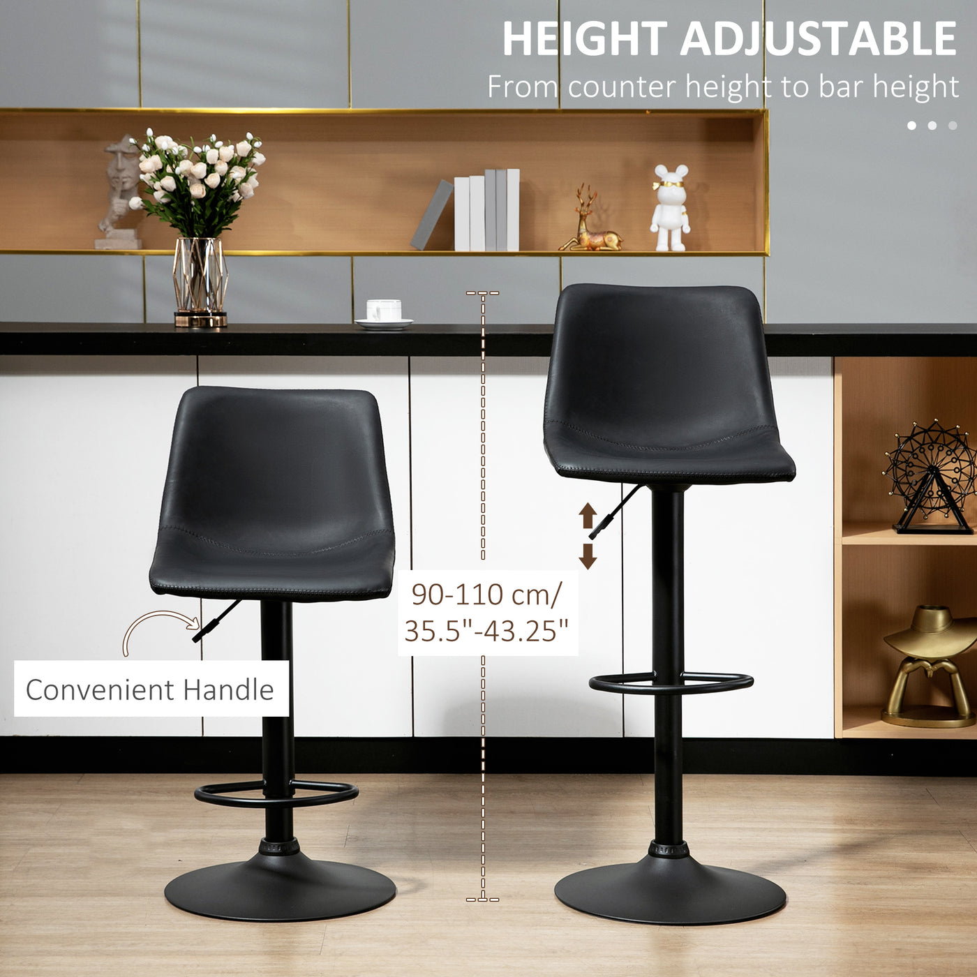 Adjustable Counter Height Bar Stools Set of 2, 360° Swivel Kitchen Counter Stools Dining Chairs with Backs, Vintage Leather, Retro Grey