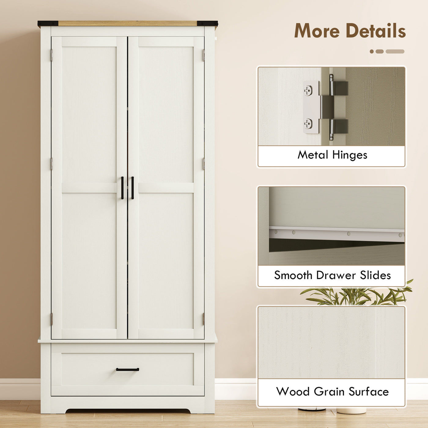 69" Tall Farmhouse Kitchen Pantry Cabinet with 2 Doors, Drawer and Adjustable Shelves, Cream White
