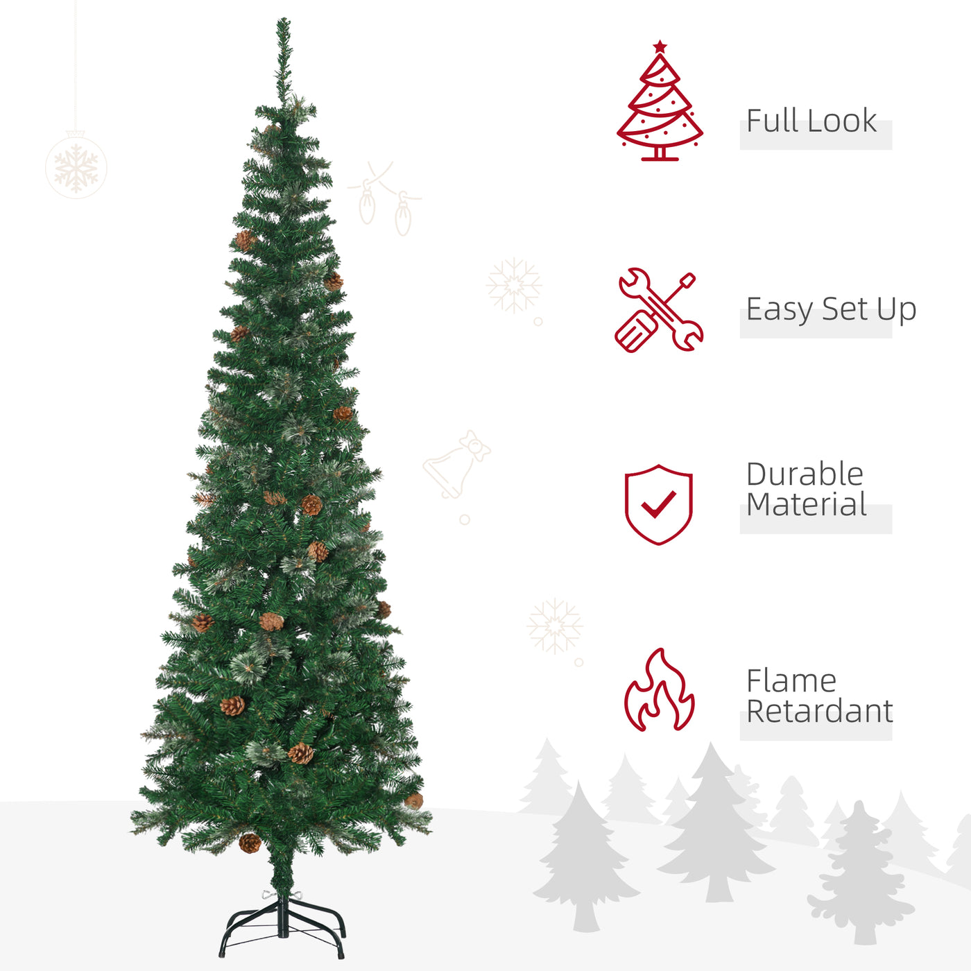 6.5ft Pencil Christmas Tree, Artificial Christmas with Pine Needles, Realistic Branches, Pine Cones, Metal Base, Green