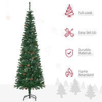 6.5ft Pencil Christmas Tree, Artificial Christmas with Pine Needles, Realistic Branches, Pine Cones, Metal Base, Green