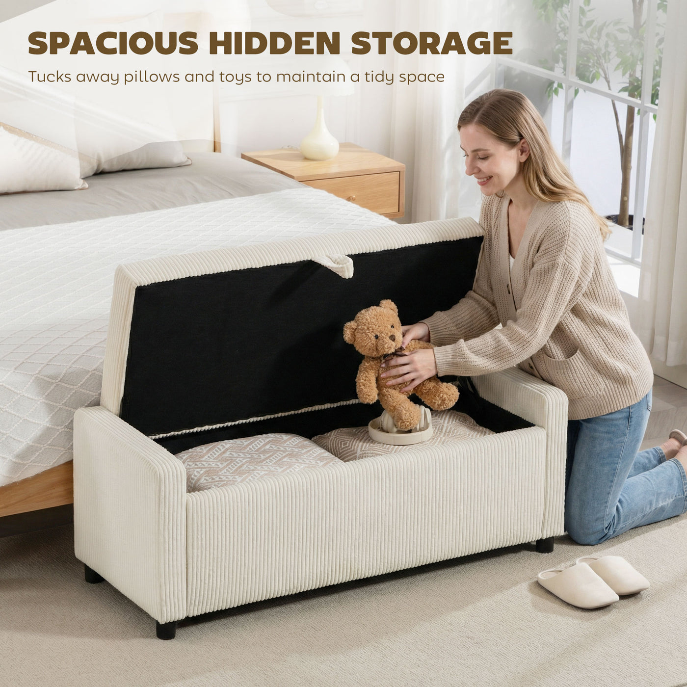 Storage Ottoman, Upholstered Corduroy End of Bed Bench with Thick Padding, Storage Bench for Bedroom, Beige
