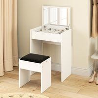 Modern Vanity Set with Makeup Table and Cushioned Stool, Dressing Table with Flip Top and Mirror for Bedroom, White