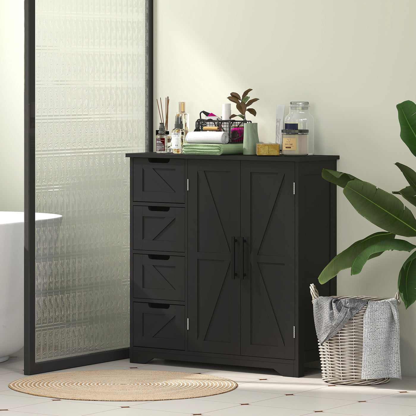 Bathroom Floor Cabinet, Farmhouse Bathroom Storage Cabinet with Adjustable Shelf, Black