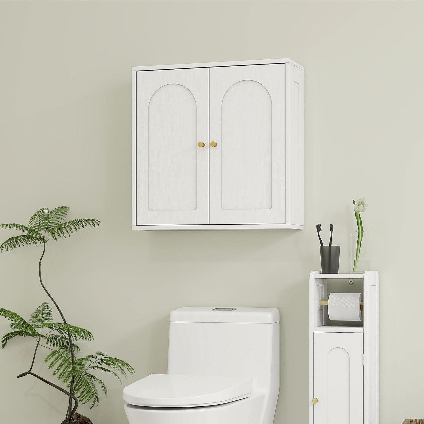 Medicine Cabinet, Modern Bathroom Wall Cabinet with 2 Arched Doors and Gold Handles, White Wood Grain