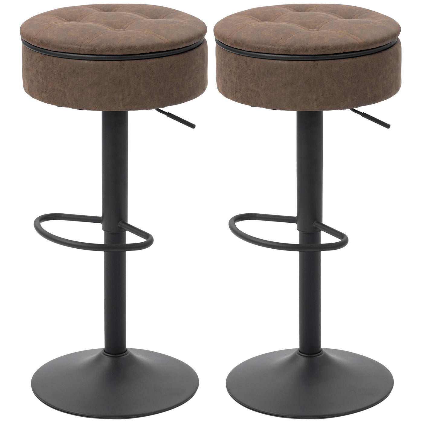 Set of 2 Barstools with Storage, Swivel Bar Stools with PU Leather Upholstered, Footrest, Steel Base, Brown