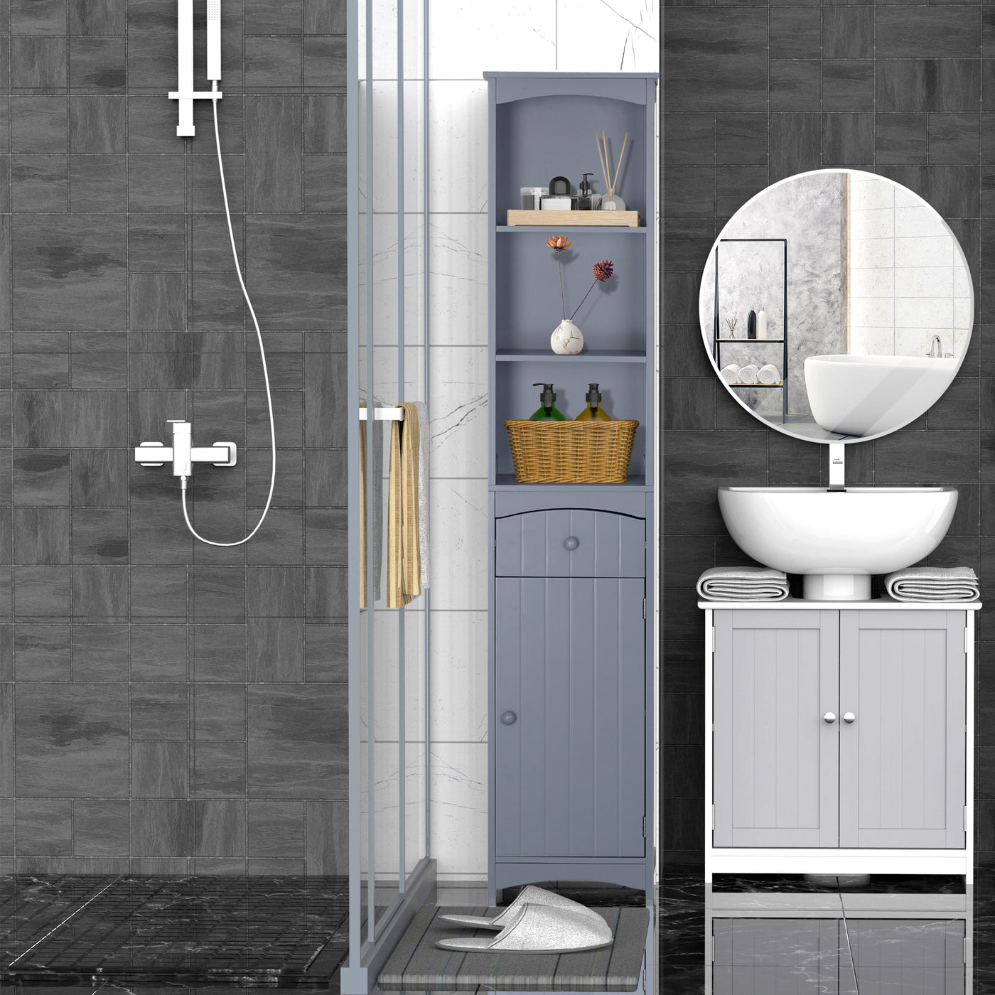 Bathroom Storage Cabinet, Tall Linen Tower with 3-Tier Shelves and Drawer and Door, Grey