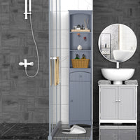 Bathroom Storage Cabinet, Tall Linen Tower with 3-Tier Shelves and Drawer and Door, Grey