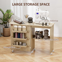 Sewing Machine Cabinet, Folding Sewing Table with Storage Shelf, Bins and Lockable Wheels for Small Space, Nature Wood