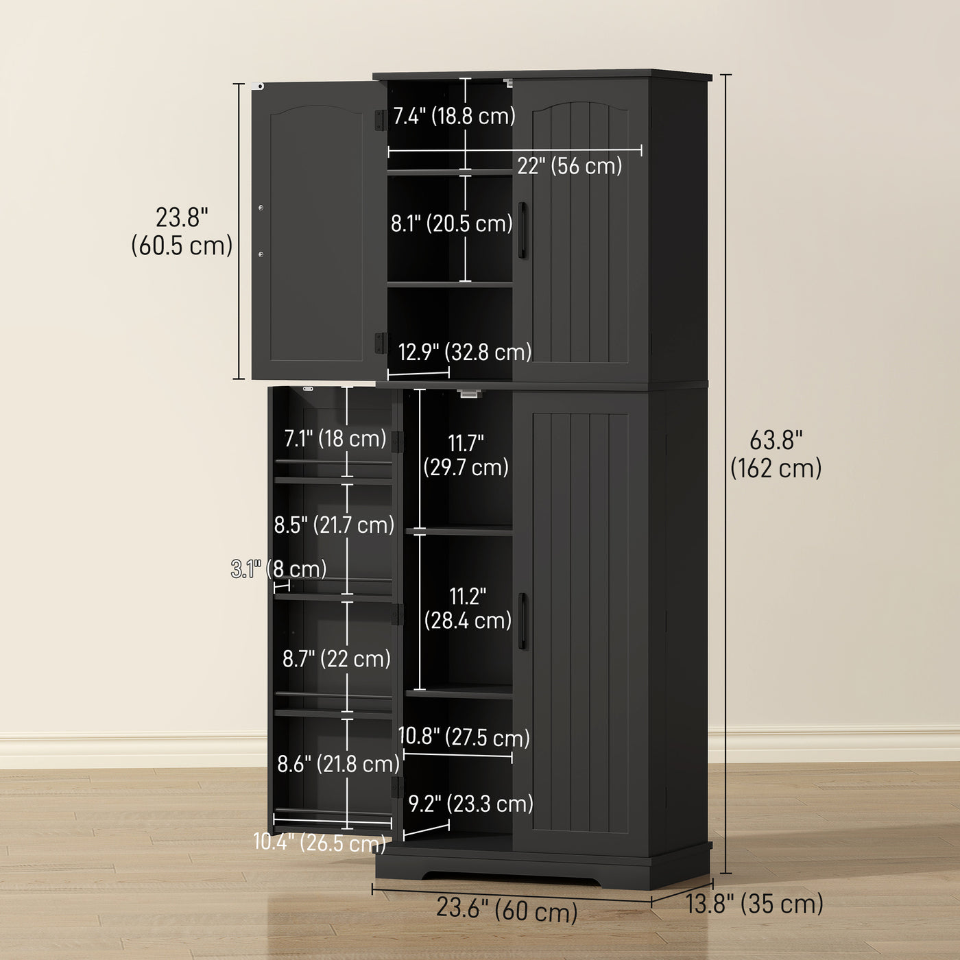 Tall Pantry Cabinet, 64" Storage Cabinet with Adjustable Shelves and 8 Door Spice Racks for Kitchen, Dining Room, Black