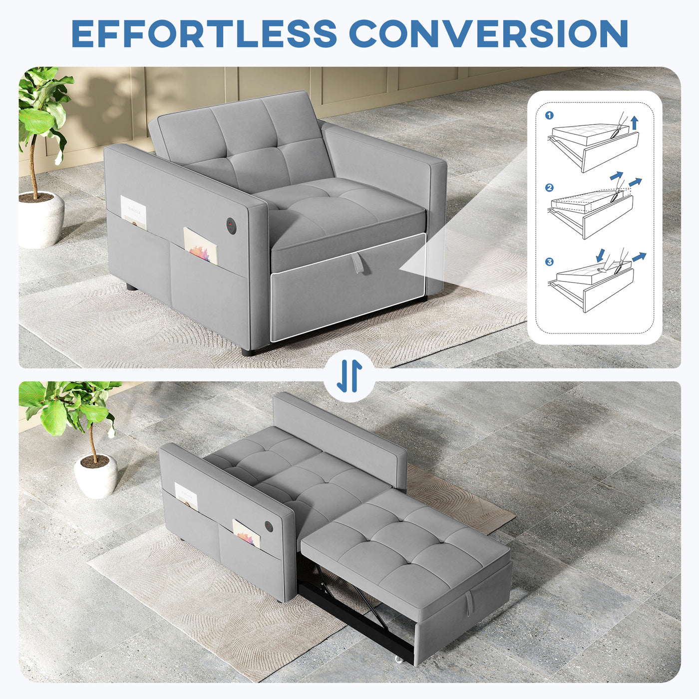 Convertible Chair Bed, Pull Out Sleeper Chair with USB, Adjustable Backrest, Small Velvet Futon Sofa Bed, Grey