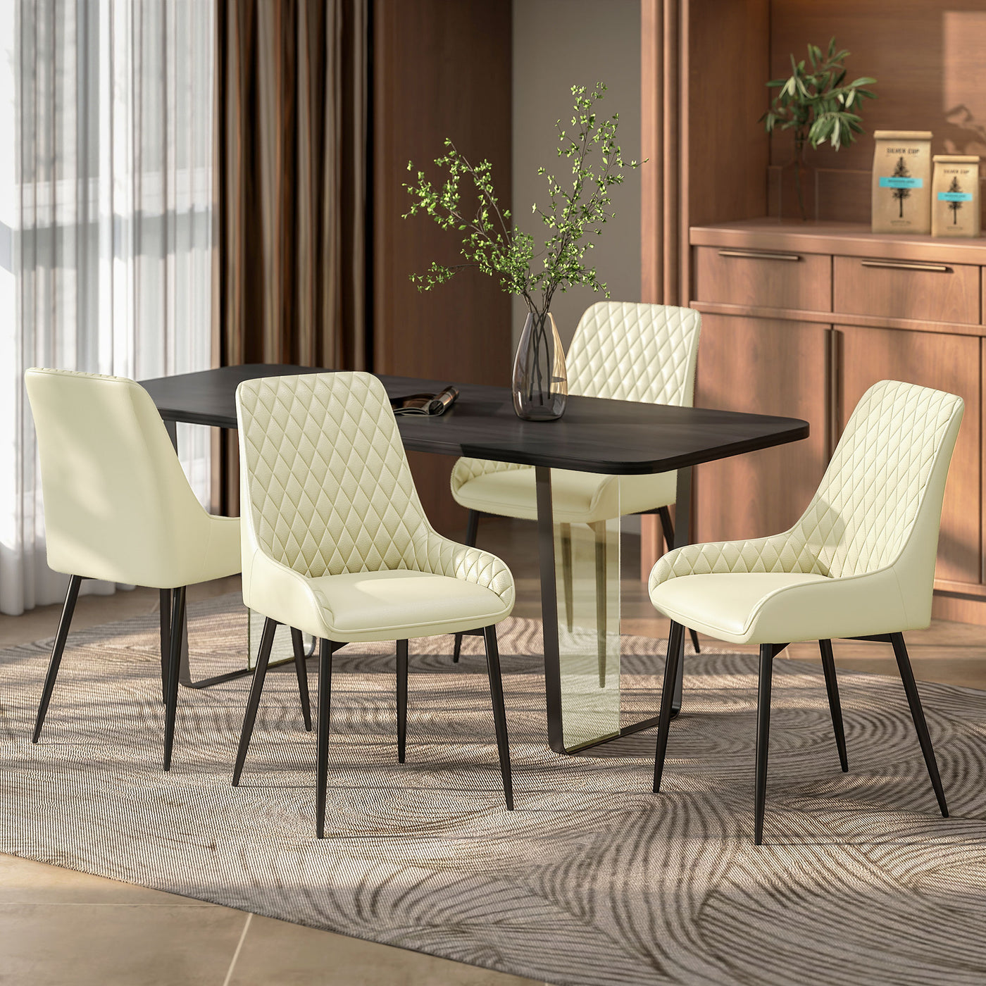 Set of 4 Upholstered Kitchen Chairs, Modern Dining Chairs with Diamond Tufting and Steel Legs for Dining Room, Cream White