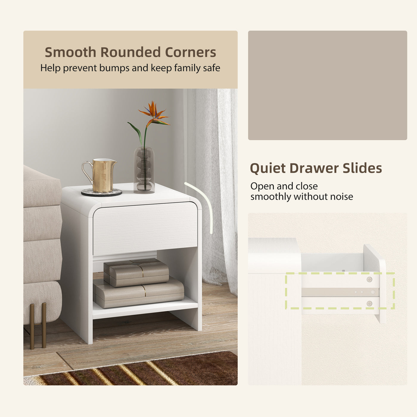 Nightstand Set of 2, Modern Bedside Table with Rounded Corners, Nightstand with Drawer and Open Shelf, Distressed White