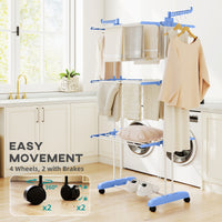 Foldable Clothes Drying Rack, 4-Tier Steel Laundry Rack for Drying Clothes with 2 Side Wings and 4 Castors, Indoor and Outdoor Use, Blue
