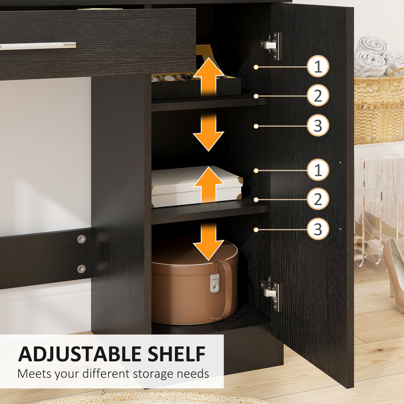 Vanity Desk with Mirror, Makeup Vanity w/ Drawer, Open Compartment and Shelves, Cabinet, Adjustable Shelves for Bedroom