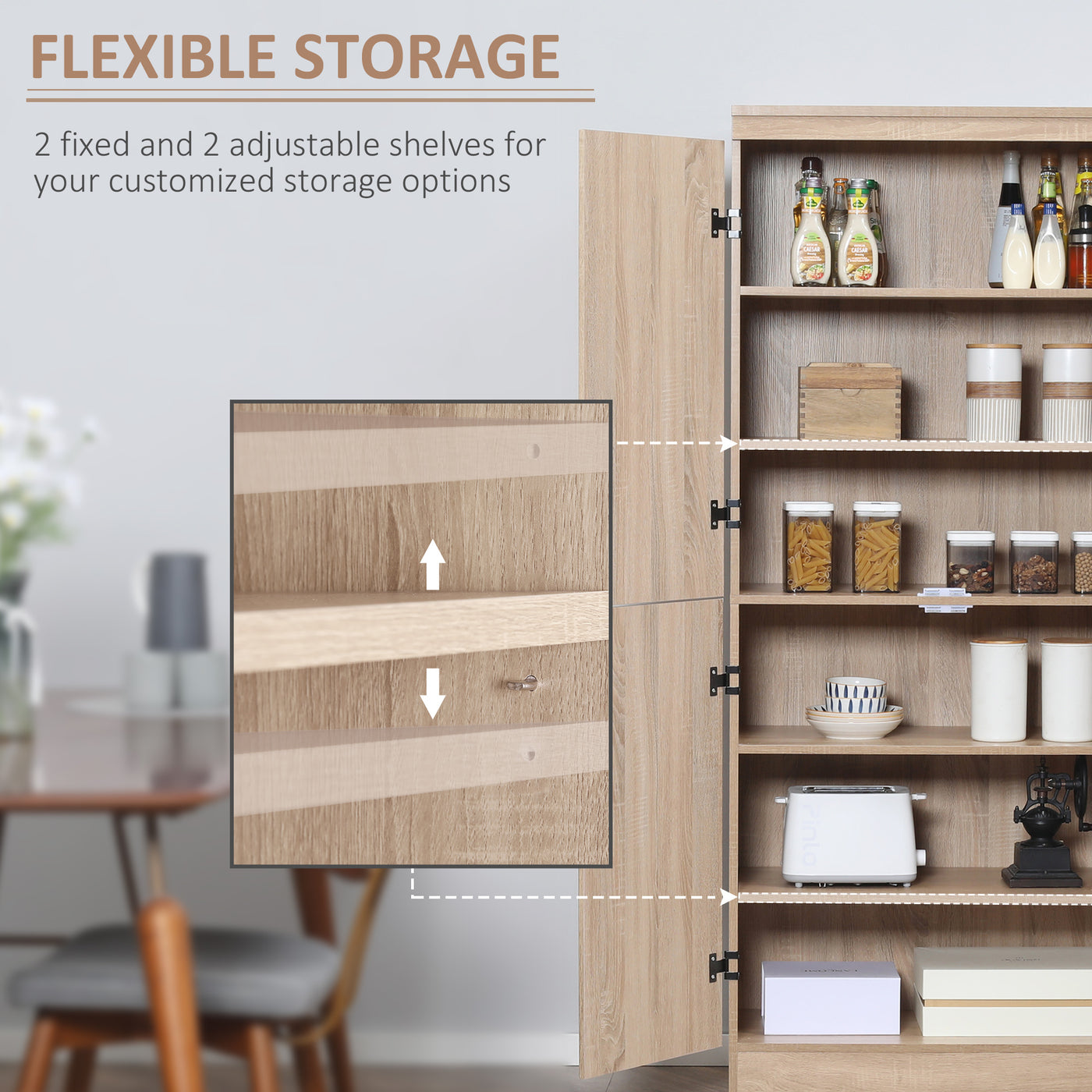 70" 4-Door Storage Cabinet, Freestanding Pantry Cabinet with Adjustable Shelves for Living Room, Natural