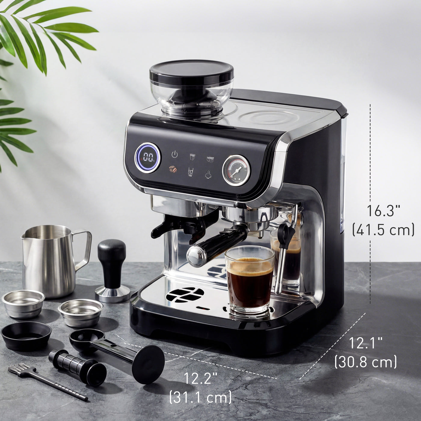 15 Bar Coffee Maker Espresso Machine with Grinder Milk Frother Stainless Steel Espresso Maker for Cappuccino Latte Black