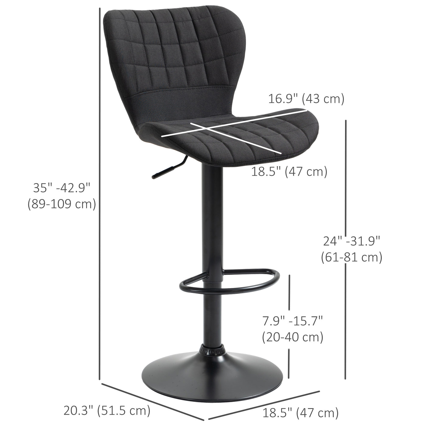 Bar Stools Set of 2, Adjustable Height Swivel Bar Chairs, Linen-feel Fabric Upholstered Kitchen Counter Stools with Wide Seat, Back and Footrest, Black