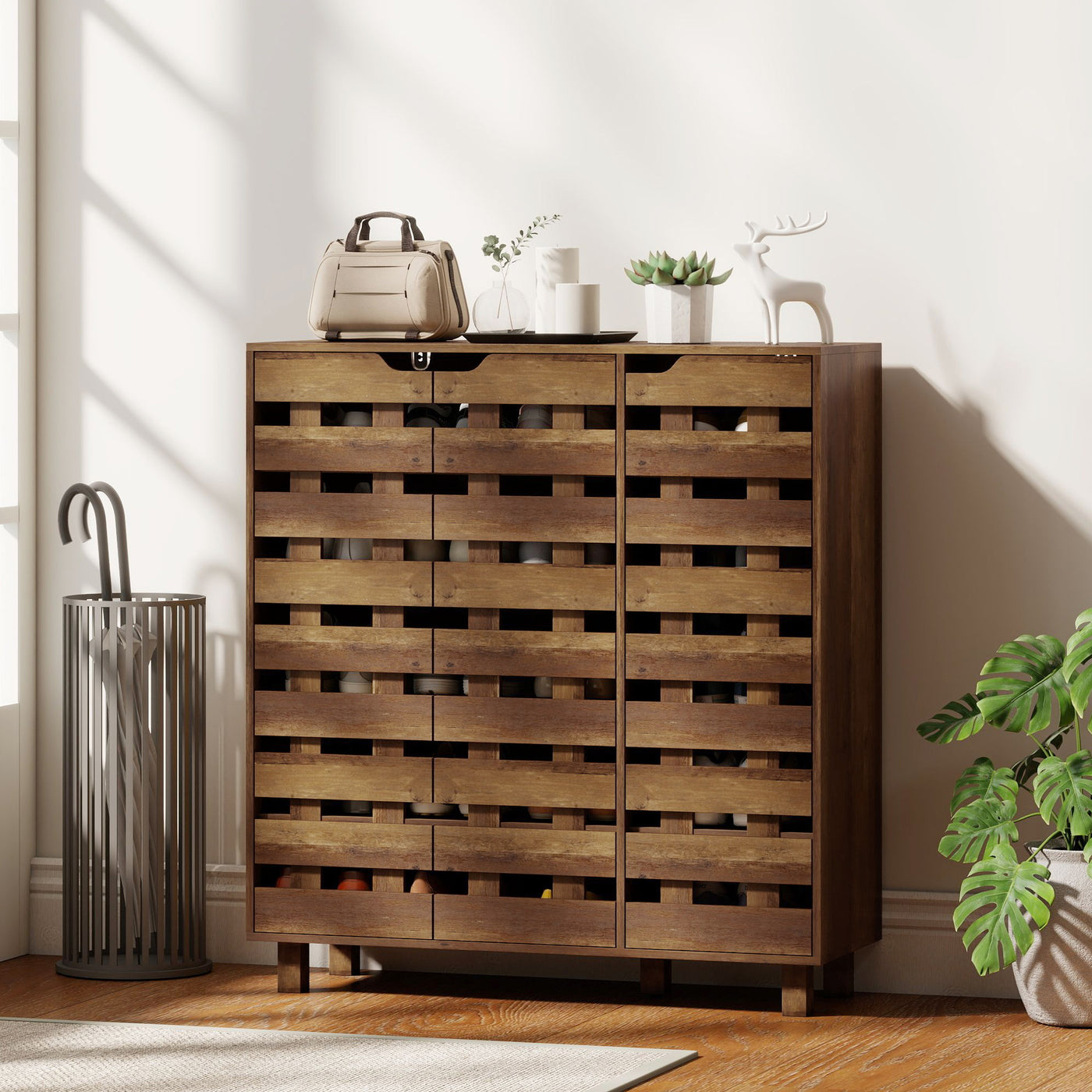 Shoe Cabinet, 20 Pair Shoe Storage Cabinet with Hollowed-Out Doors, Distressed Brown