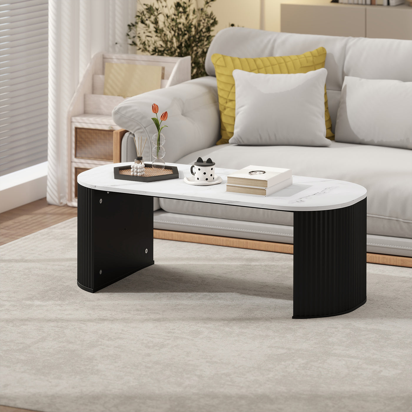 Coffee Table, Modern Marble-Effect Living Room Table with Round Corners and Thicken Legs, Black