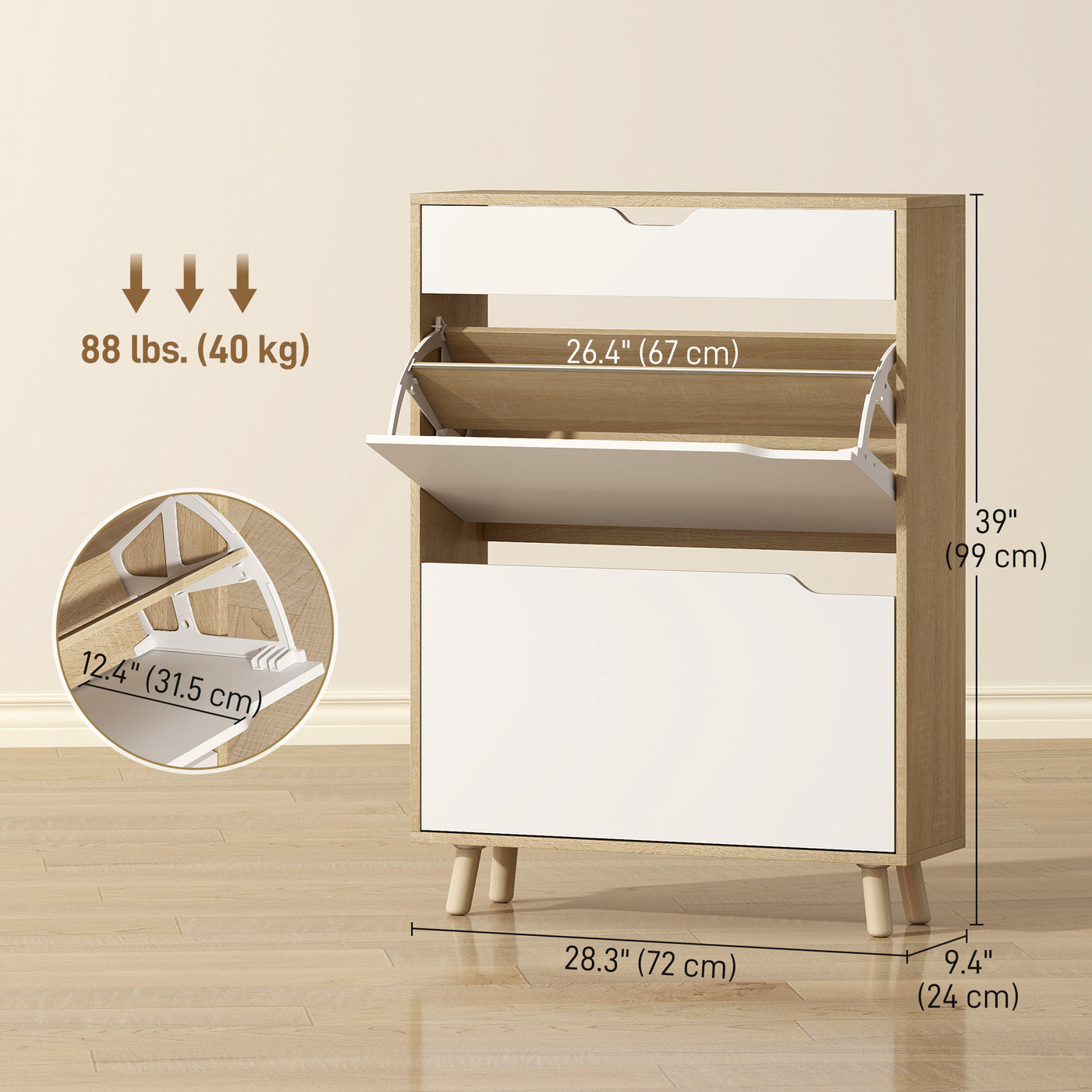 Narrow Shoe Cabinet for Entryway with 2 Flip Drawers, Top Drawer and Adjustable Shelves for 12 Pairs of Shoes, White