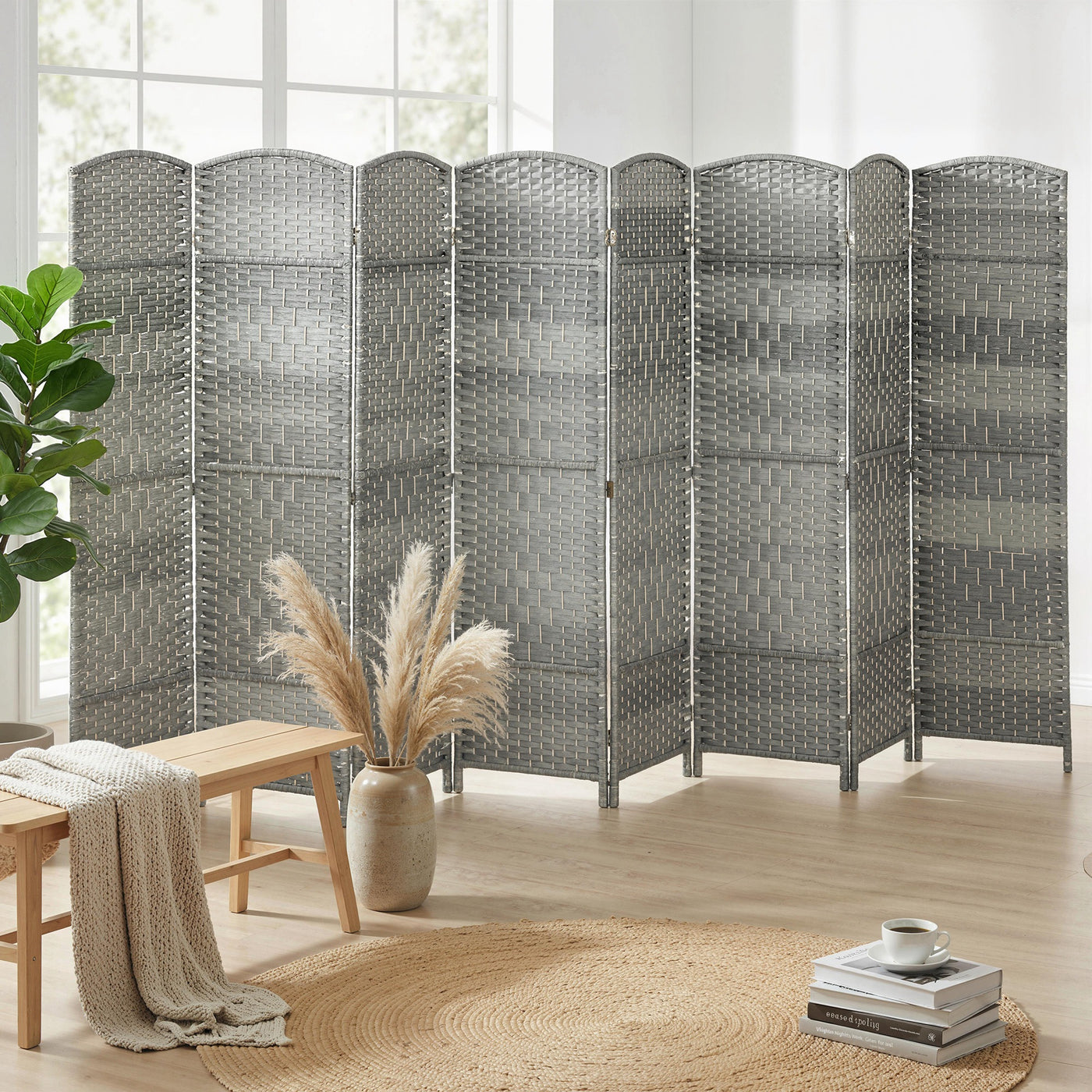 6 Ft Tall Folding Room Divider, 8 Panel Portable Privacy Screen, Hand-Woven Partition Wall Divider, Mixed Grey