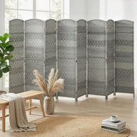 6 Ft Tall Folding Room Divider, 8 Panel Portable Privacy Screen, Hand-Woven Partition Wall Divider, Mixed Grey