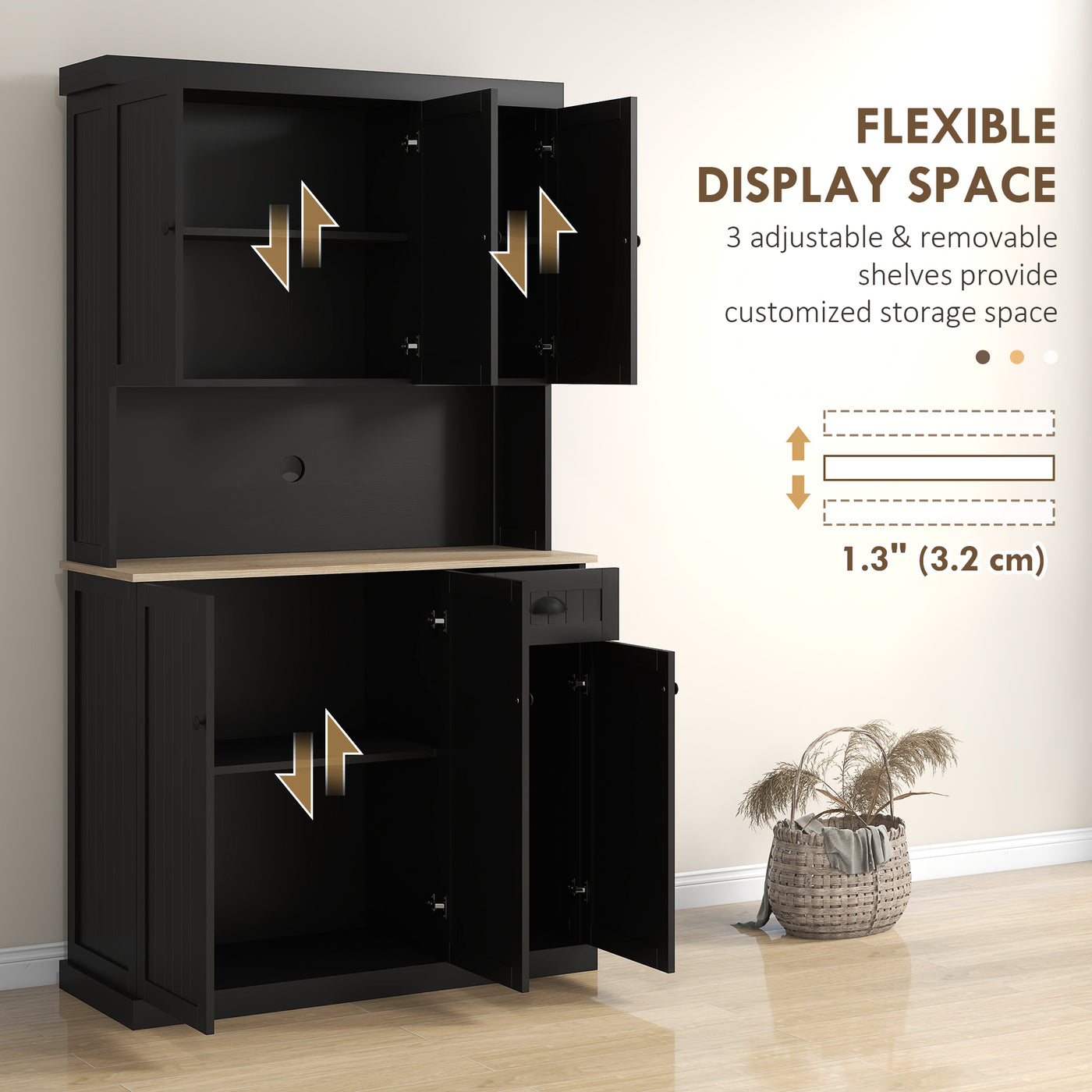 71" Kitchen Pantry Buffet with Hutch Storage Cabinet Microwave Oven Stand with Drawer, Black