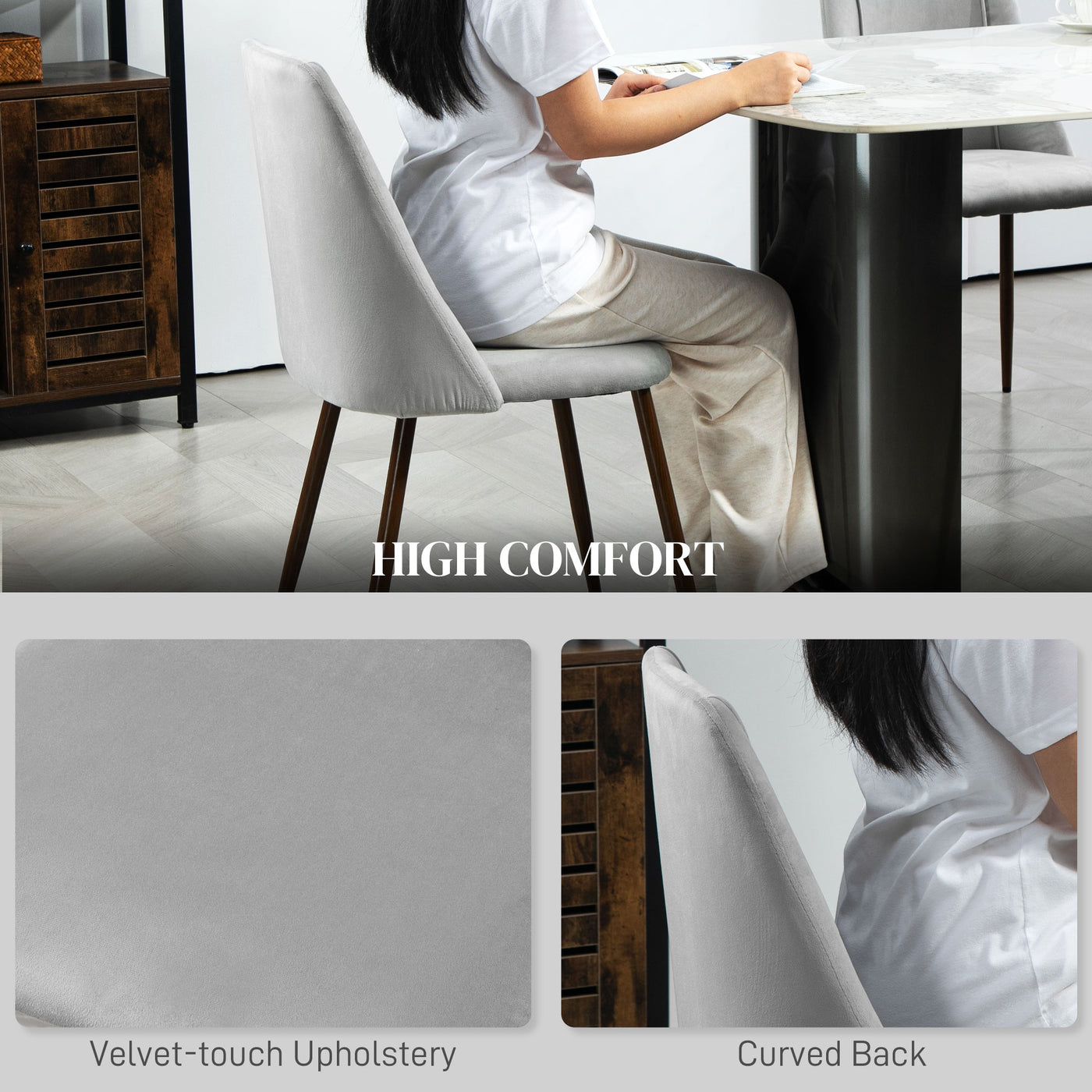 Upholstered Dining Chairs Set of 6, Velvet Accent Chair with Back and Wood-grain Steel Leg for Kitchen, Grey