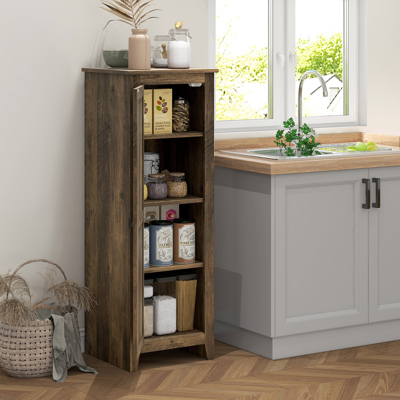 48" Farmhouse Kitchen Pantry Storage Cabinet with Barn Door, Kitchen Pantry Cabinet with Adjustable Shelves, Brown
