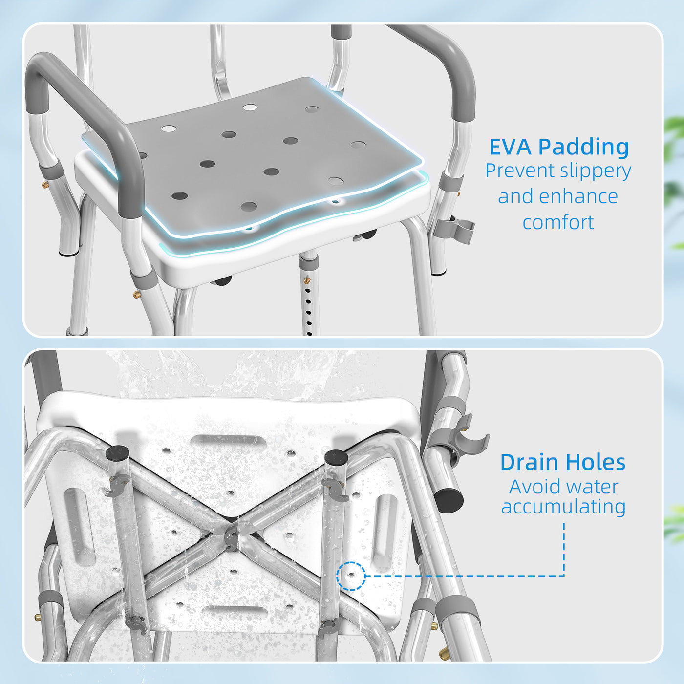 Adjustable Shower Chair with Arms Back and Padded Seat, Light Grey
