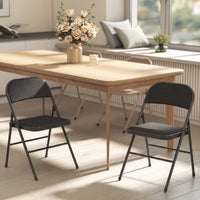 Set of 2 Metal Foldable Chairs, Linen Fabric Padded Folding Chairs with Cushion Seat and Open Back for Indoor, Black
