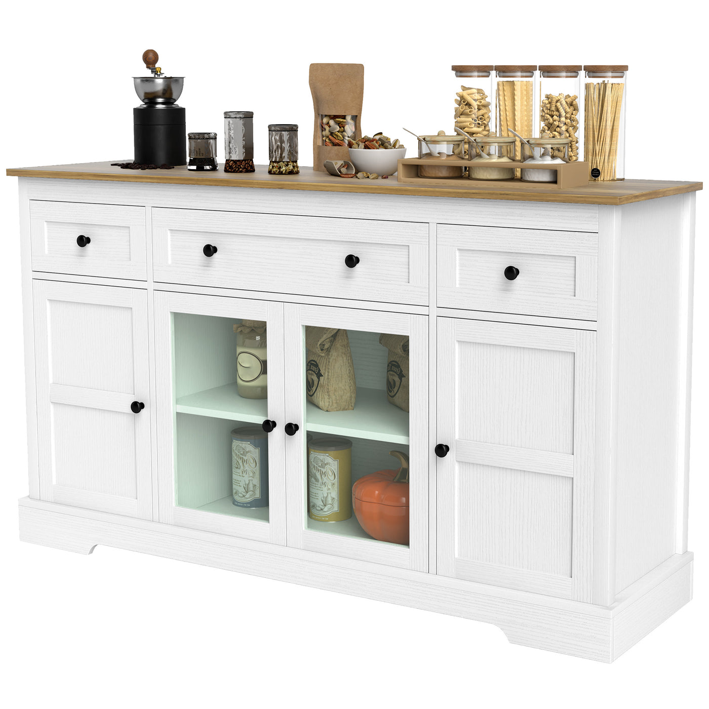 Sideboard Buffet Cabinet with Storage, Coffee Bar Cabinet with Glass Doors and Adjustable Shelves, Distressed White