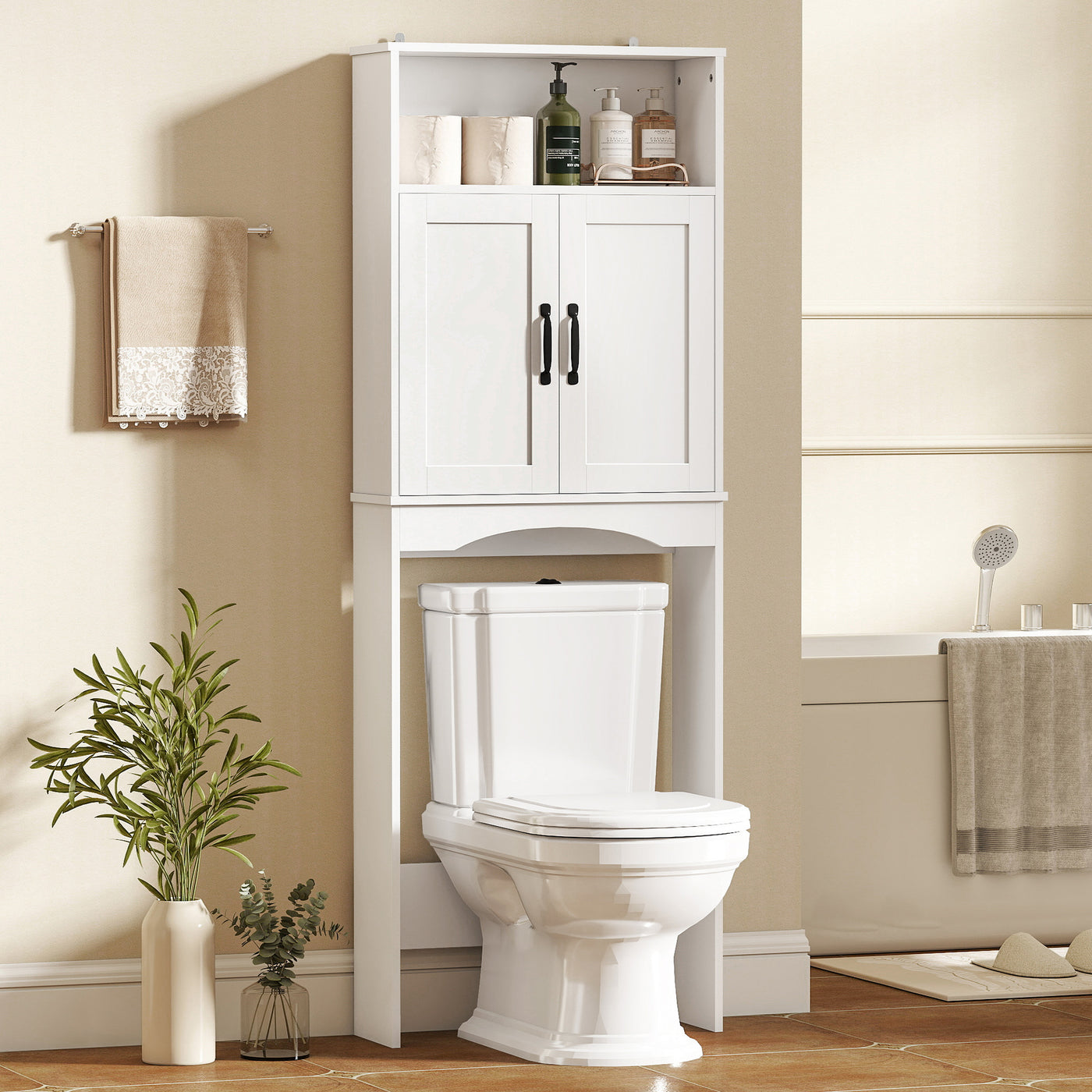 Over the Toilet Storage Cabinet Freestanding Bathroom Organizer with 2 Doors and Open Shelf White