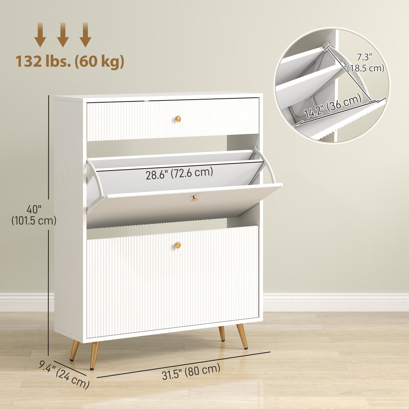Narrow Shoe Storage Cabinet with Wave-like Panels and Adjustable Shelves for 12 Pairs of Shoes, White